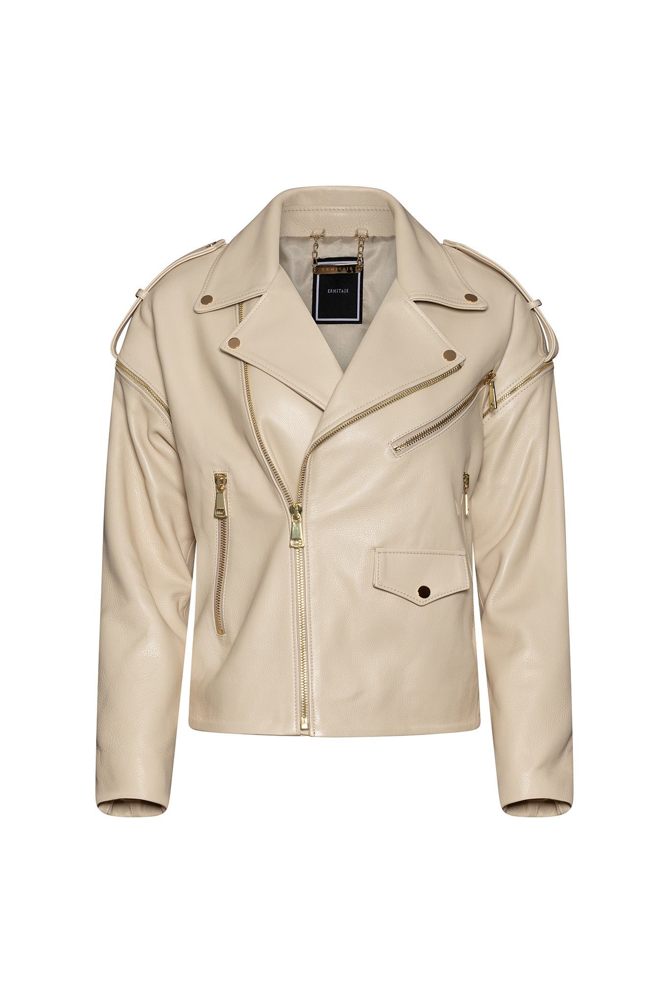 ERMITAJE
Motorcycle jacket in calf skin - long with gold,,Reign in Beige”