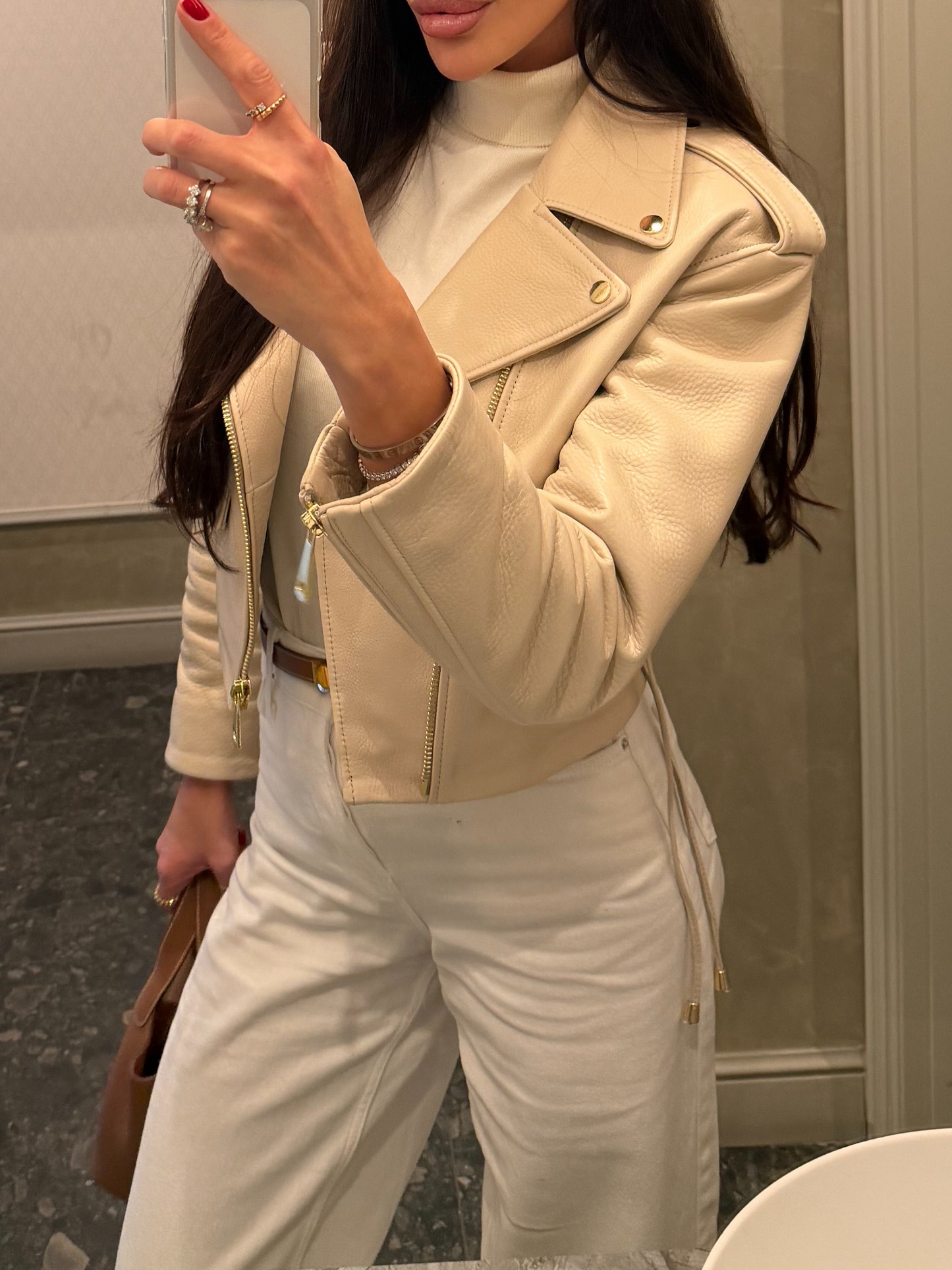 Cropped leather biker jacket ,, Silhouette in Beige “