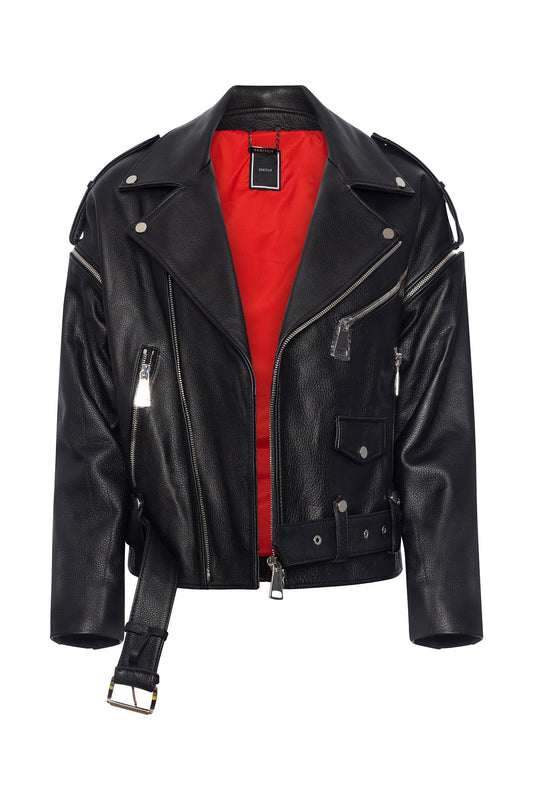 Motorcycle jacket in calf skin - long with silver